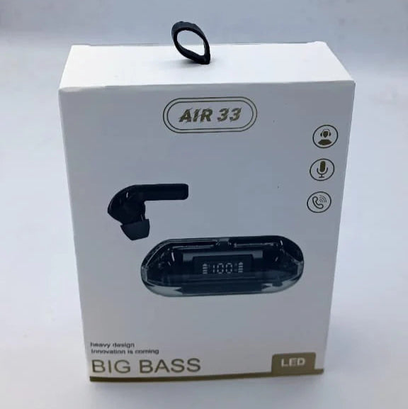 White box with black air purifier illustration and 'AIR 33' branding on a white background