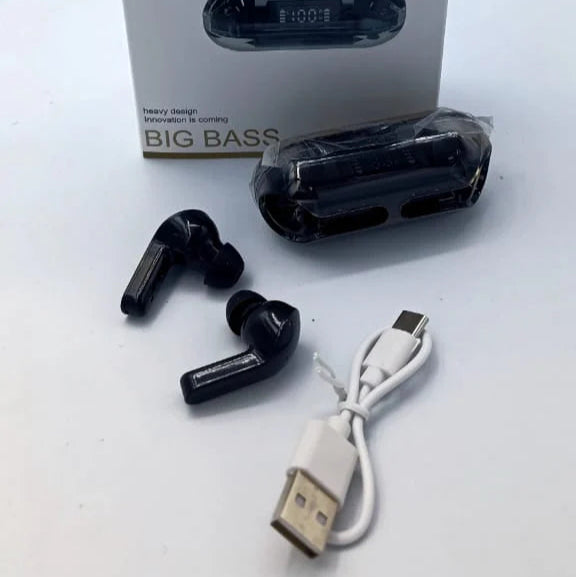 Wireless earbuds with packaging, USB cable, and adapter on a white background