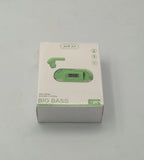 Green electronic device packaging with 'BIG BASS' text on a white background