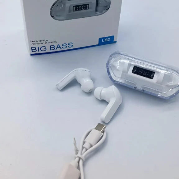 Wireless earbuds with charging case and USB cable on a white background