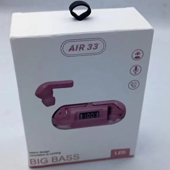 Pink electronic device with 'AIR 33' branding on a white background