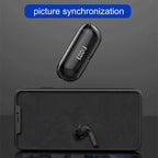 Black earbud and phone case with text about sound and picture synchronization on a dark background