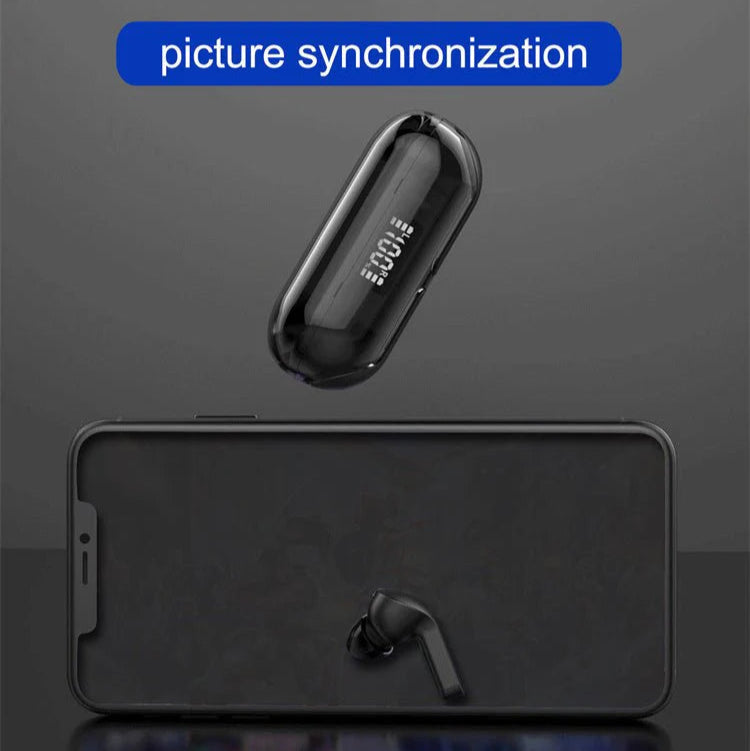 Black earbud and phone case with text about sound and picture synchronization on a dark background