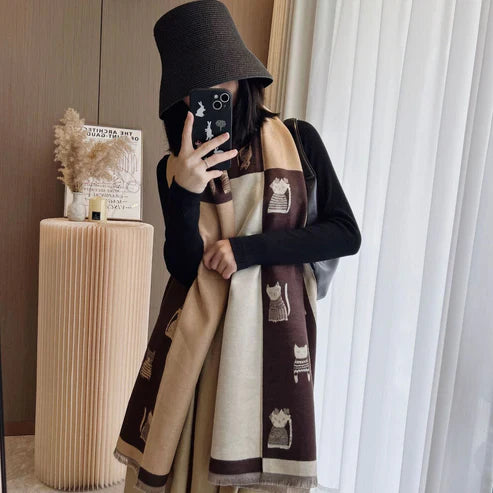 Cute Kitten Plaid Cashmere Shawl Scarf – Soft, Warm & Stylish Winter Wrap | Emirazaar UAE