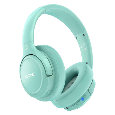 Mint green headphones on a white background