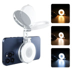 Smartphone with a ring light attachment on a white background, with inset images showing the light in use.