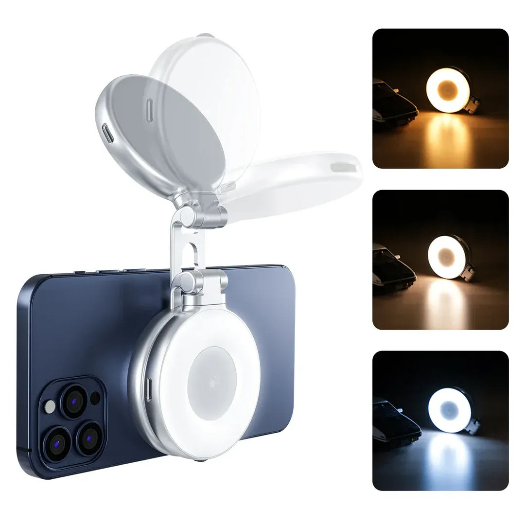 Smartphone with a ring light attachment on a white background, with inset images showing the light in use.