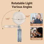 Rotatable light with 180° and 360° features, shown in selfie and standard modes.