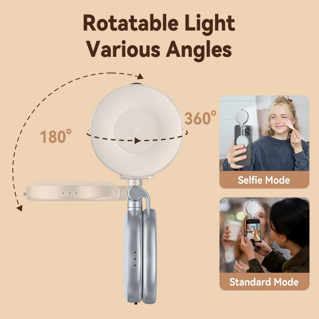 Rotatable light with 180° and 360° features, shown in selfie and standard modes.