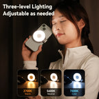 Person using a phone with a ring light, showing three-level lighting options. telesen emirazaar