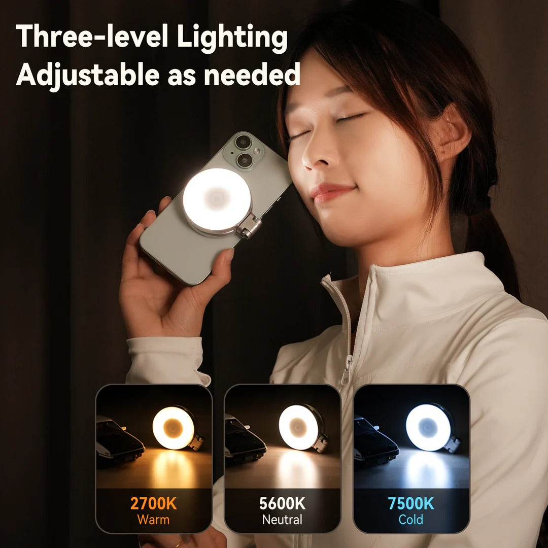 Person using a phone with a ring light, showing three-level lighting options. telesen emirazaar