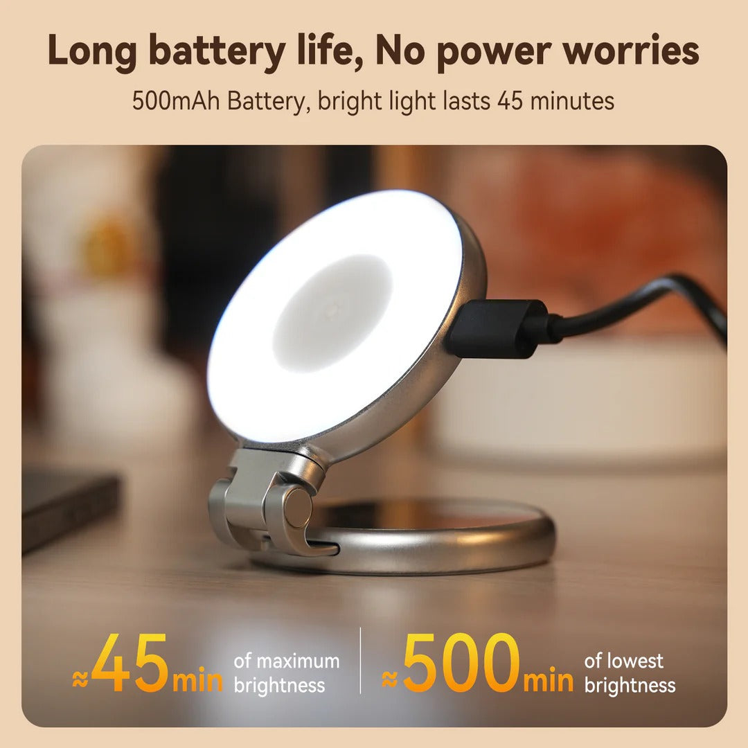 Small portable light on a table with text about battery life and light duration.