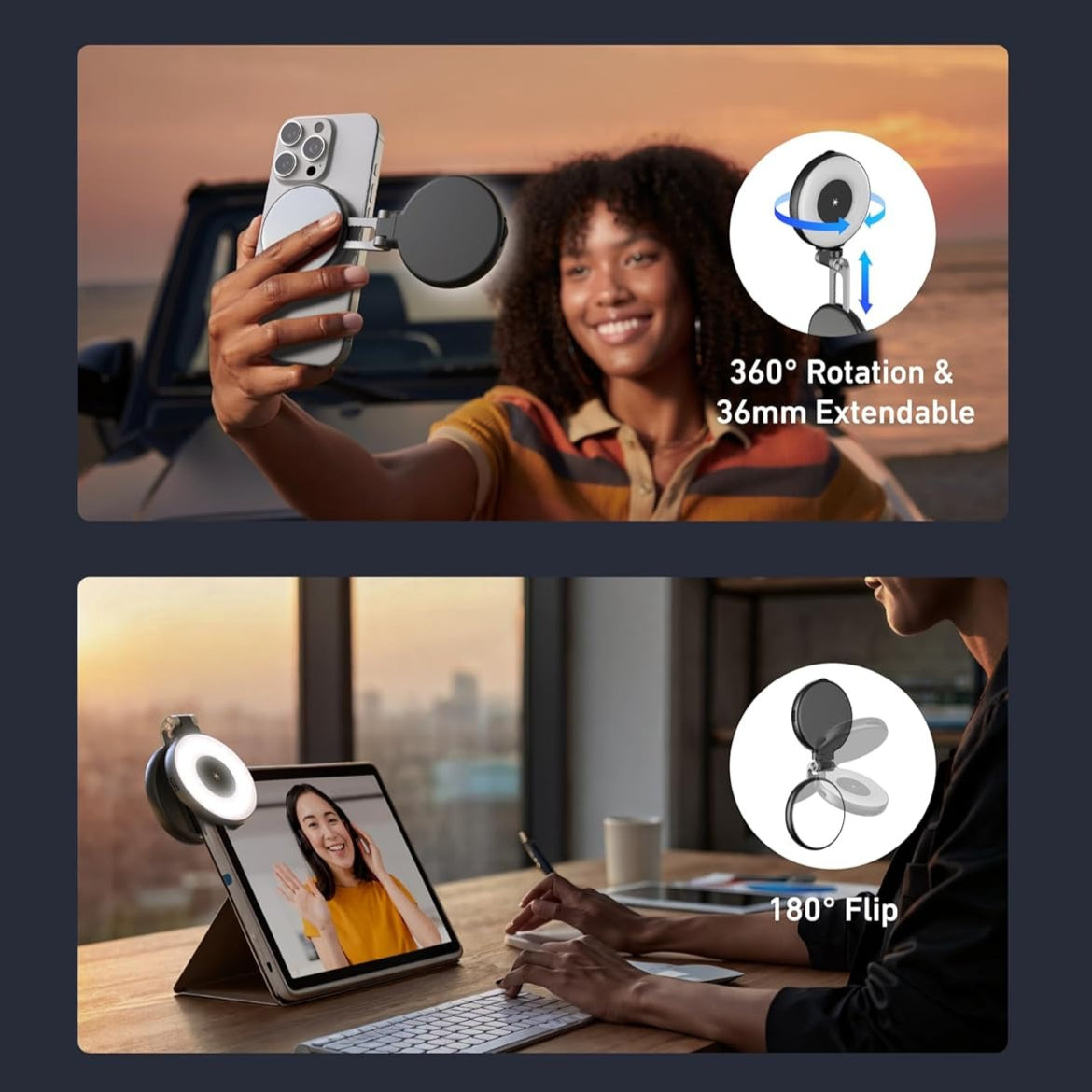 Rotatable fill light with 360-degree coverage features on a dark background