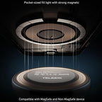 Pocket-sized fill light with strong magnetic connection, compatible with MagSafe and Non-MagSafe devices, on a dark background.
