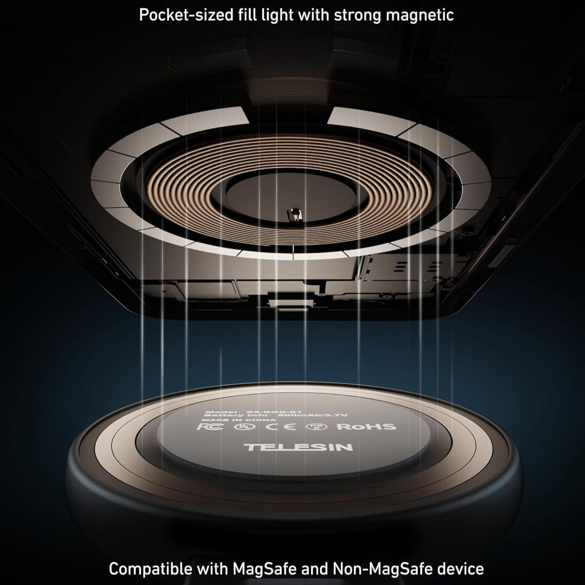 Pocket-sized fill light with strong magnetic connection, compatible with MagSafe and Non-MagSafe devices, on a dark background.