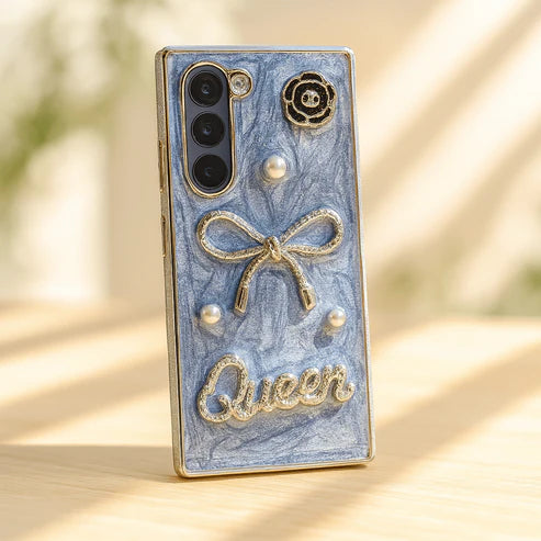 Luxury 3D Bow & Pearl Case – Glam Marble Phone Cover with Queen Badge