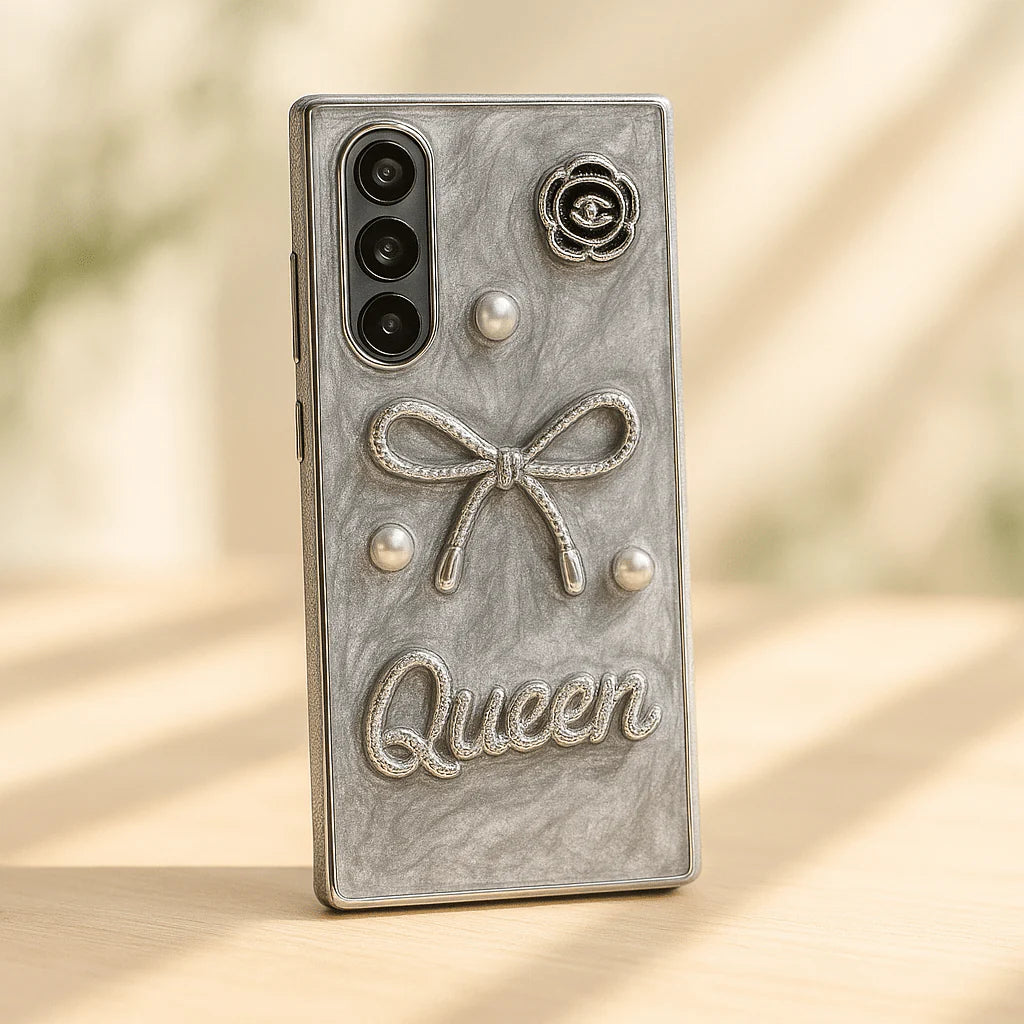 Luxury 3D Bow & Pearl Case – Glam Marble Phone Cover with Queen Badge
