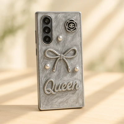 Luxury 3D Bow & Pearl Case – Glam Marble Phone Cover with Queen Badge
