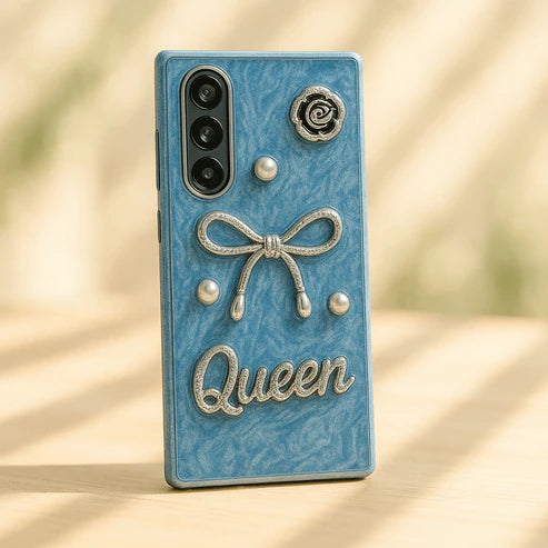 Luxury 3D Bow & Pearl Case – Glam Marble Phone Cover with Queen Badge