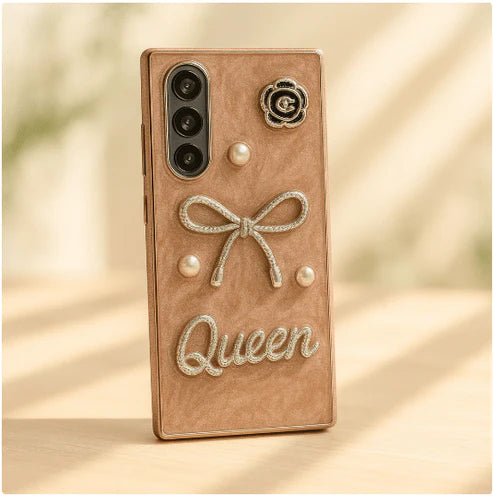Luxury 3D Bow & Pearl Case – Glam Marble Phone Cover with Queen Badge