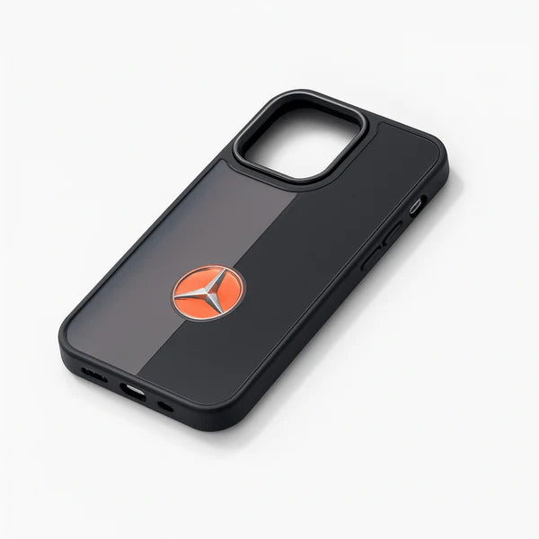 Black phone case with Mercedes-Benz logo on a white background