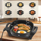 Black electric frying pan with food on a kitchen counter, featuring a large capacity label.