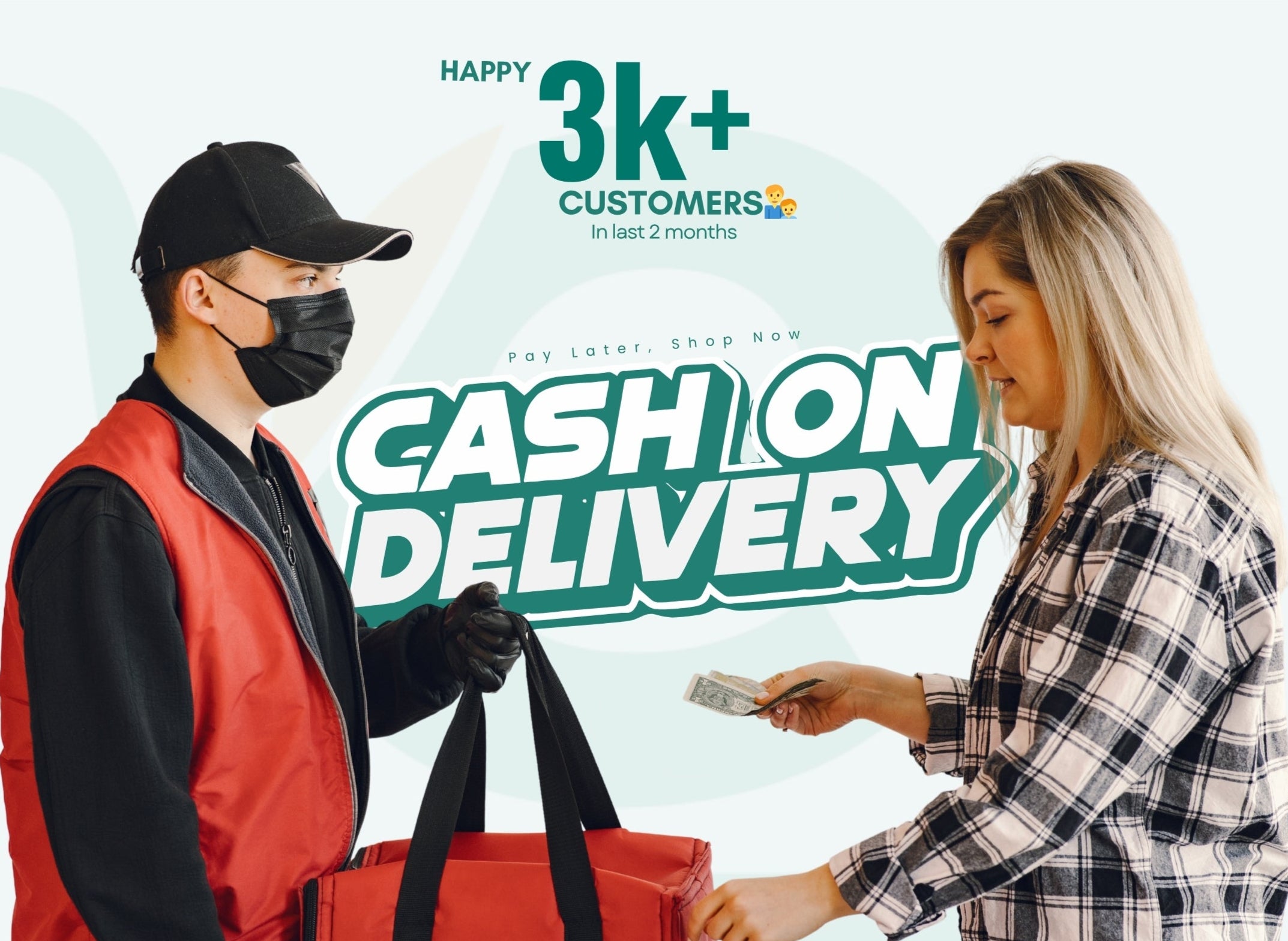 Delivery person and customer with text '3k+ Cash on Delivery' on a white background