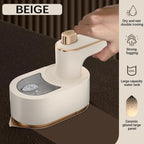 Handheld device with beige finish on a dark background, featuring text and icons about its features.