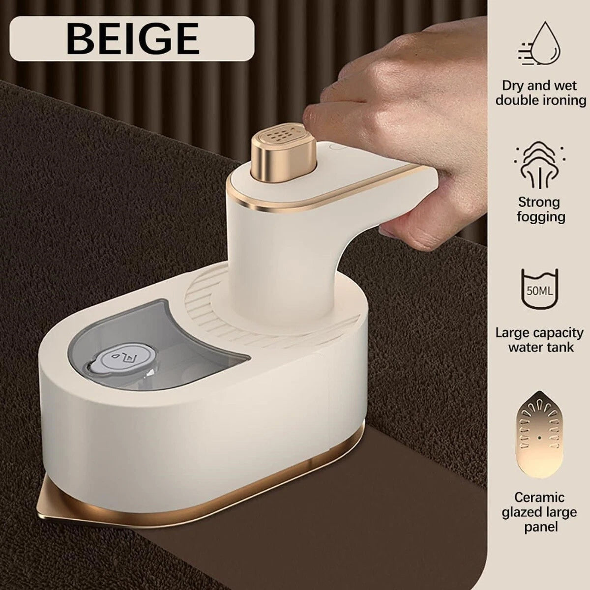 Handheld device with beige finish on a dark background, featuring text and icons about its features.