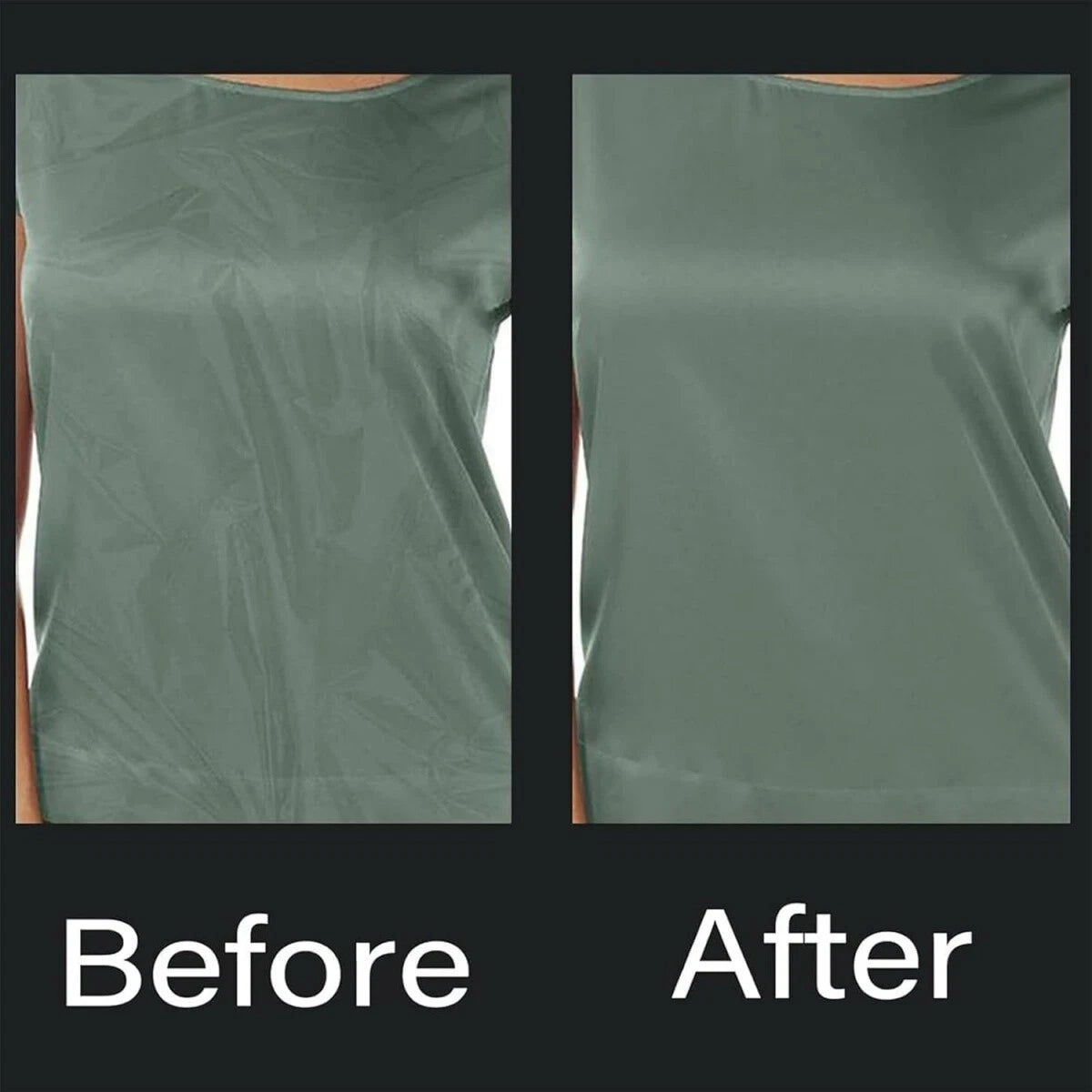 Comparison of a green shirt labeled 'Before' and 'After' on a black background.