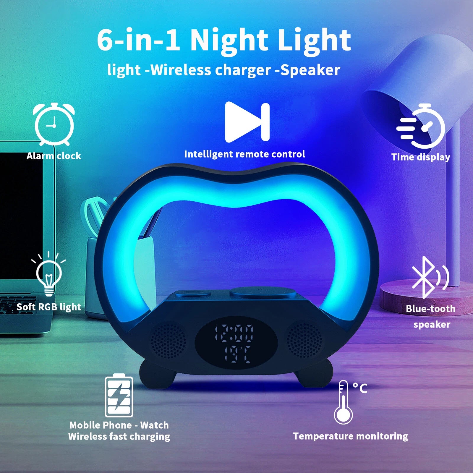 مصباح طاولة LED ذكي 6 في 1 مع لاسلكي - مصباح ذكي 6 في 1 مع شاحن وسماعة