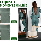 Woman in green outfit with before and after ironing comparison, ironing board with iron, and text 'Exquisite Moments Online'.