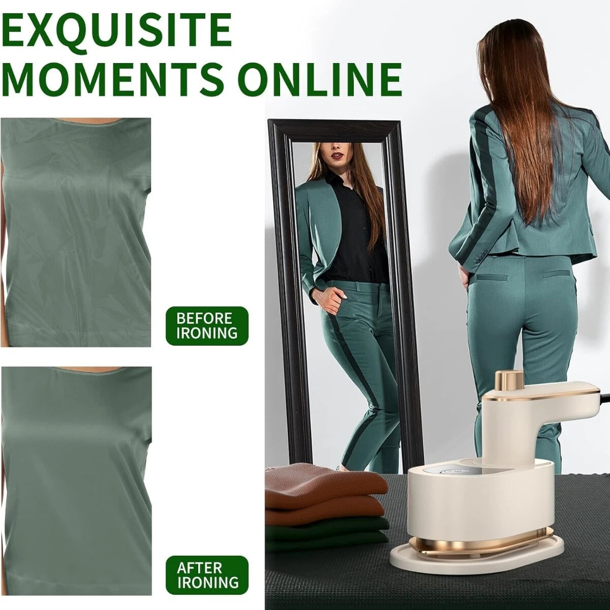 Woman in green outfit with before and after ironing comparison, ironing board with iron, and text 'Exquisite Moments Online'.