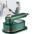 Green handheld steamer with a woman using it on a white background