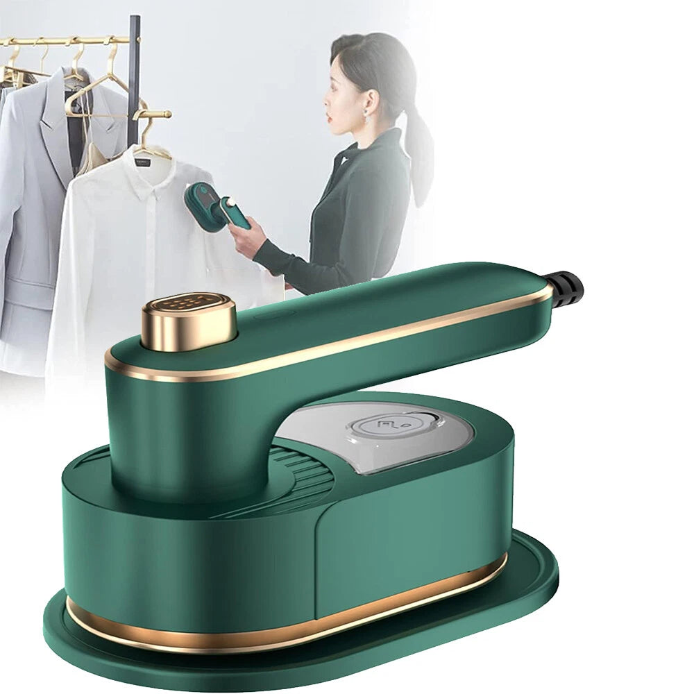 Green handheld steamer with a woman using it on a white background