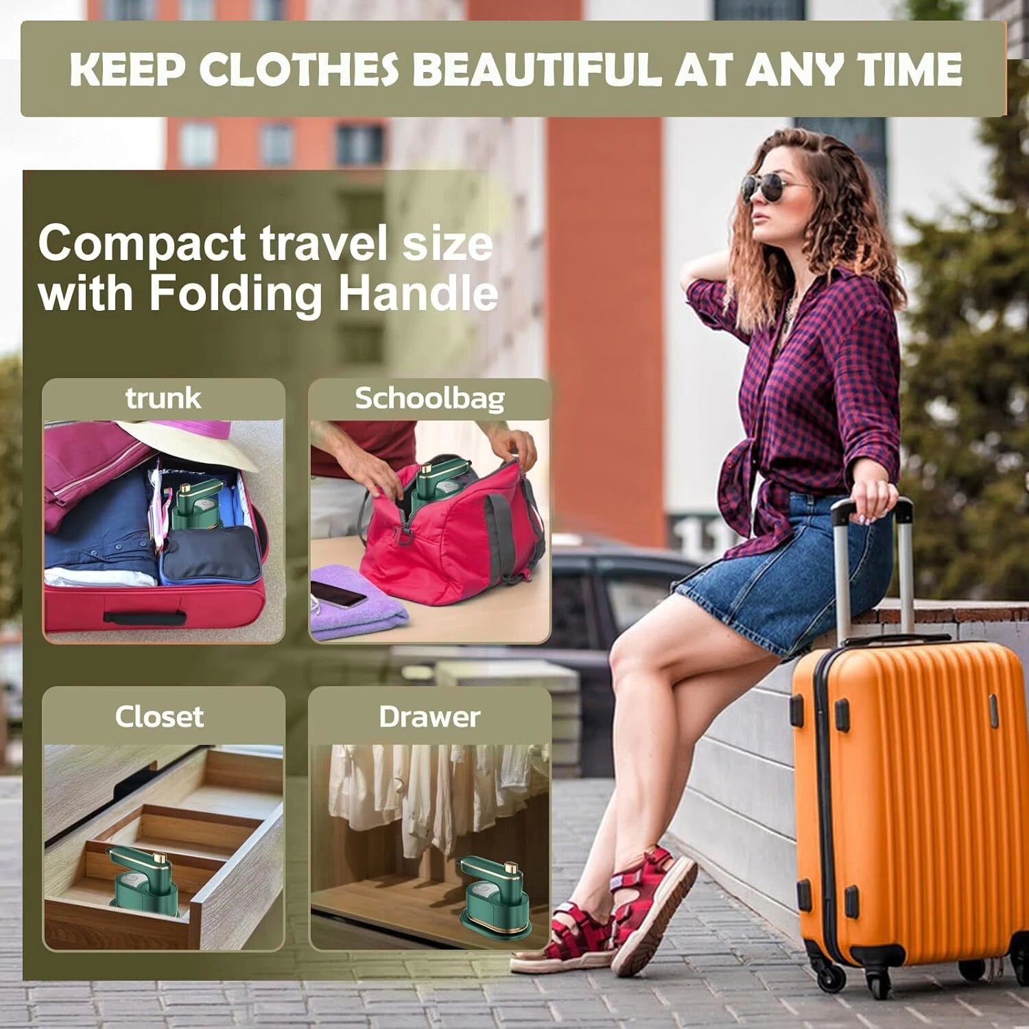Woman sitting with an orange suitcase, promotional text about compact travel size and folding handle, and images of product use in trunk, schoolbag, closet, and drawer.