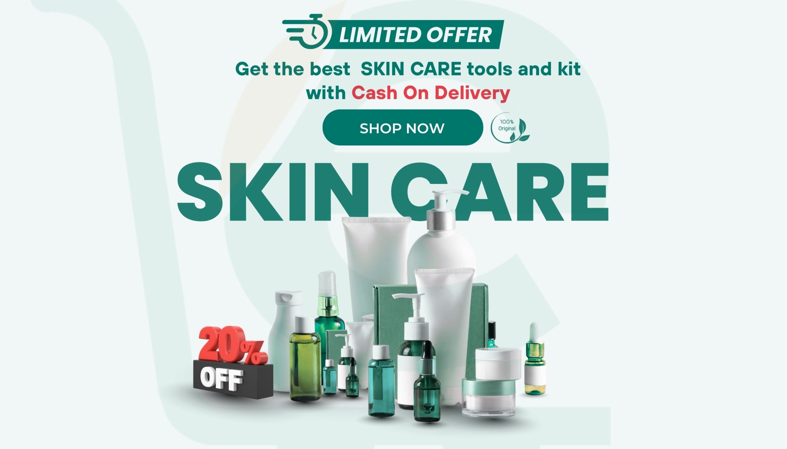 Product display with skincare items and a watch on a white background