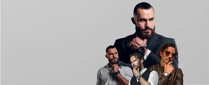 Collage of five men in various poses and outfits on a gray background